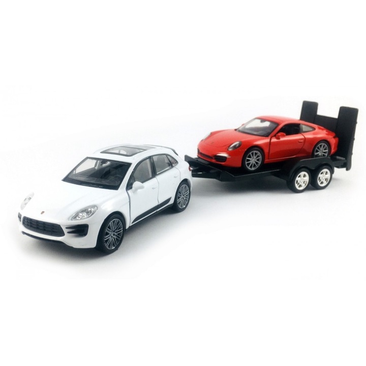 Set Masinute Off Road Trailet PORSCHE MacanTurbo si PORSCHE 911, Machete Autovehicule Emblematice, Welly, Scara 1:34, Alb Rosu, Dimesiuni 30x5cm