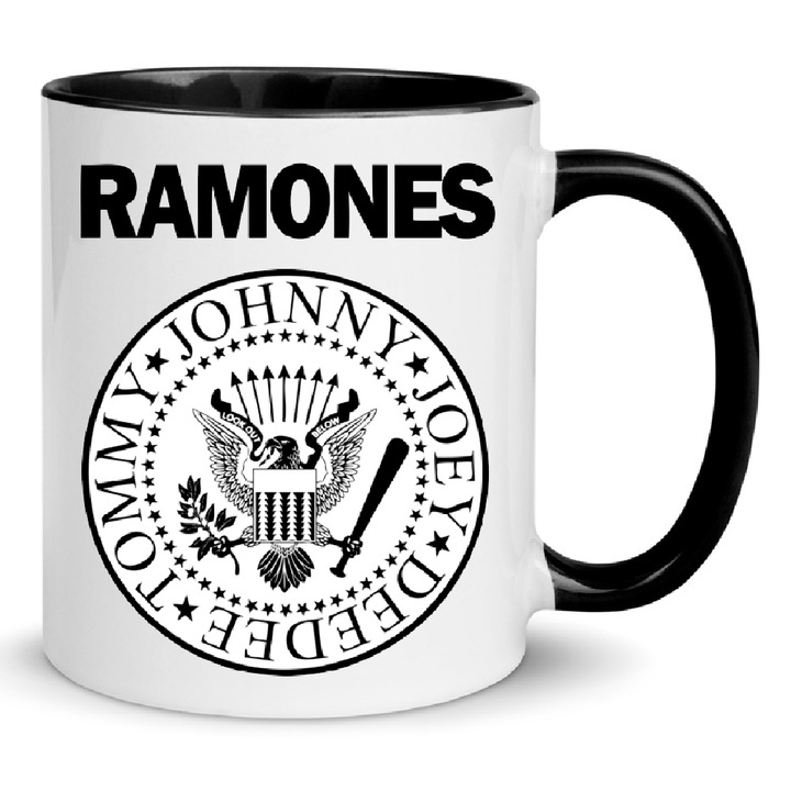 Cana ceramica The Ramones no3, 330ml, alb/negru, rezistenta la masina de spalat, set colectionabil