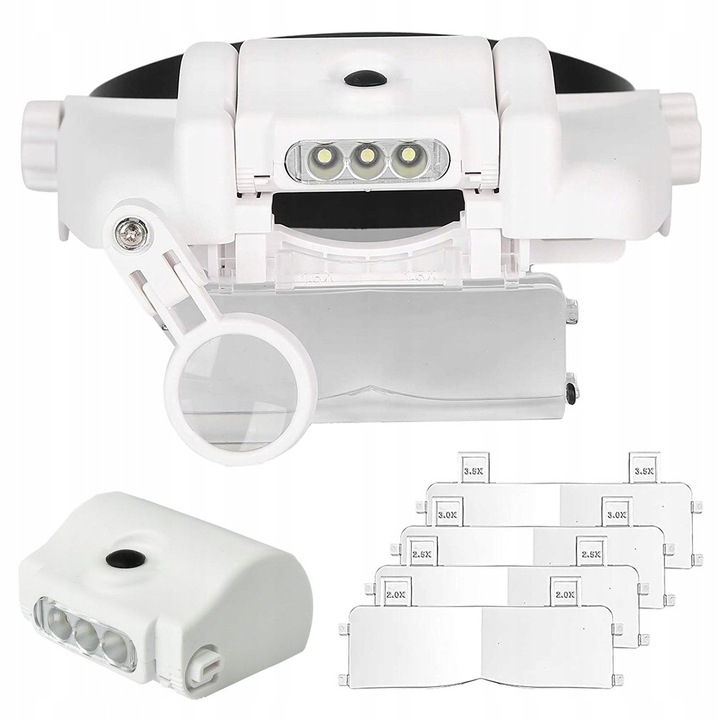 Lupa montata pe cap, 6 lentile cu mariri 1.5x-8x, 3 LED-uri, neagra si alba, dimensiuni 30x21cm, set de 24 bucati