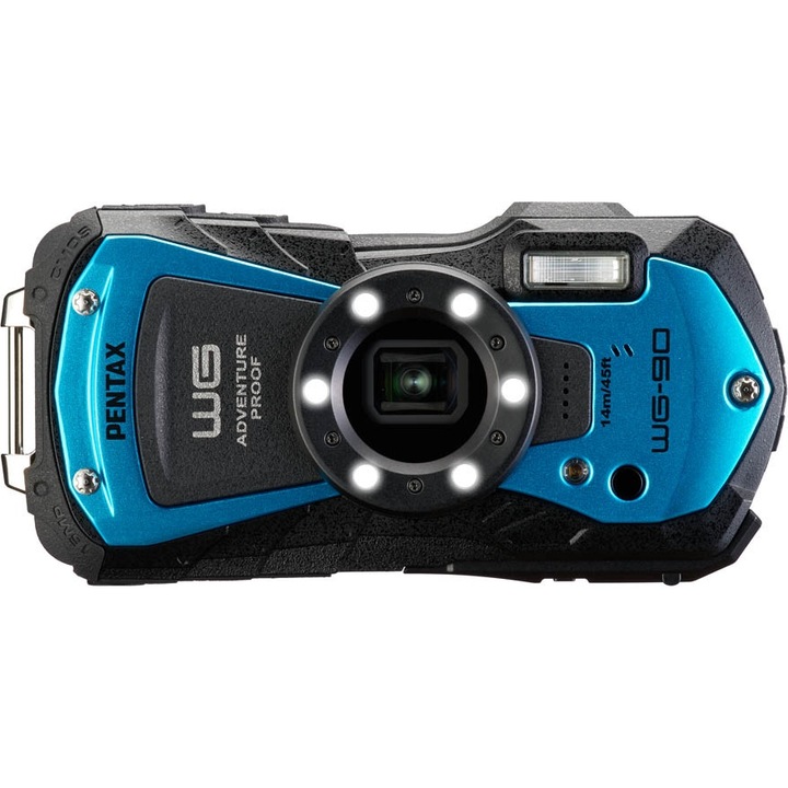 Aparat foto compact Pentax WG-90, 16 MP, rezistent la apa pana la 14 m, albastru, 122,5x61,5x29,5mm, set complet