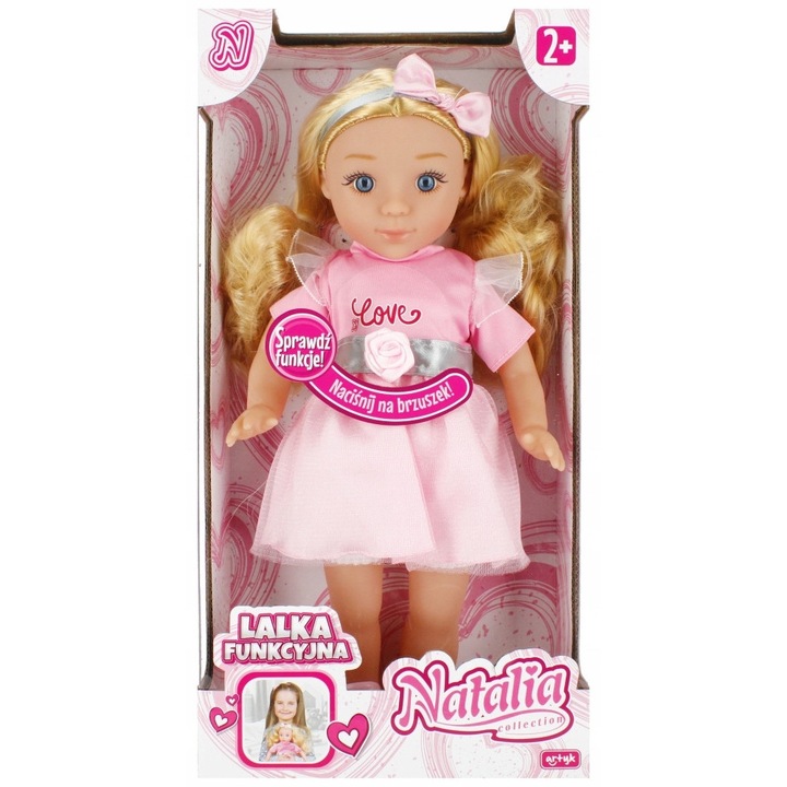 Natalia interaktív baba, Artyk, 36cm, beszél és énekel lengyelül, rózsaszín ruha