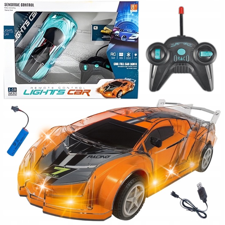 Masinuta cu telecomanda, caroserie luminoasa, incarcare USB, set