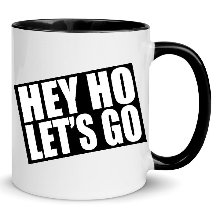 Cana The Ramones no4, ceramica, 330ml, alb/negru, "Hey Ho Let's Go", lavabila la masina de spalat