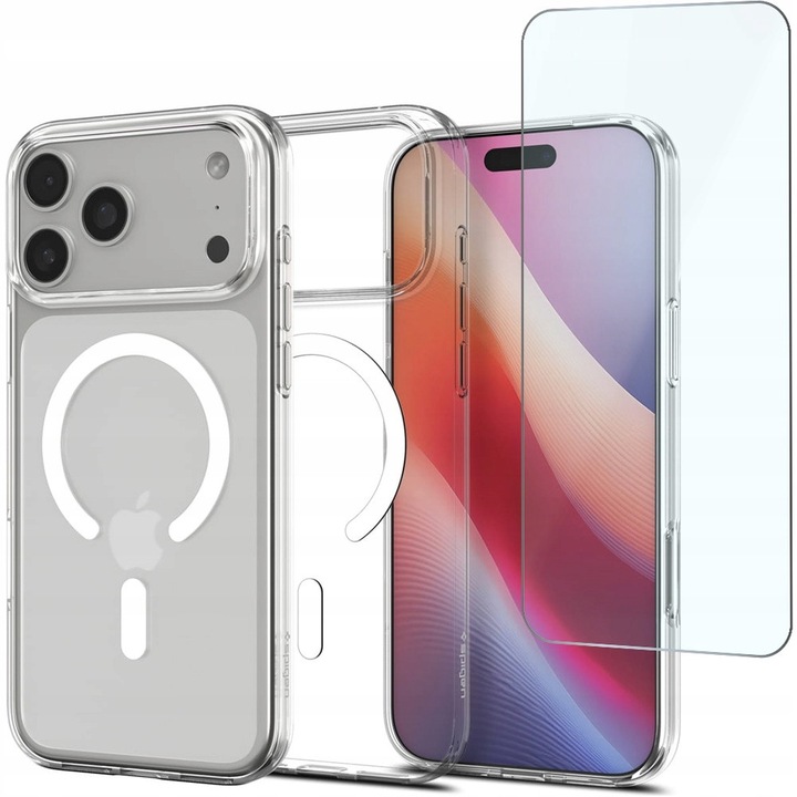 Husa telefon Spigen Liquid Crystal pentru iPhone 17 Pro Max, cu MagSafe, transparenta, set cu sticla