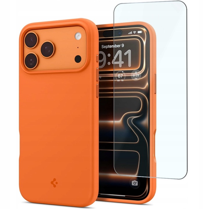 Husa Spigen Silicone Fit MagSafe compatibila cu iPhone 17 Pro portocaliu slim + sticla protectie 9H