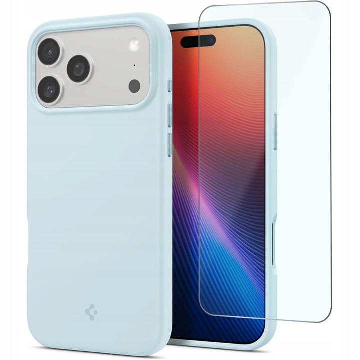 Husa silicon Spigen Silicone Fit, compatibil MagSafe, cu sticla de protectie ecran, albastru deschis, pentru iPhone 17 Pro Max