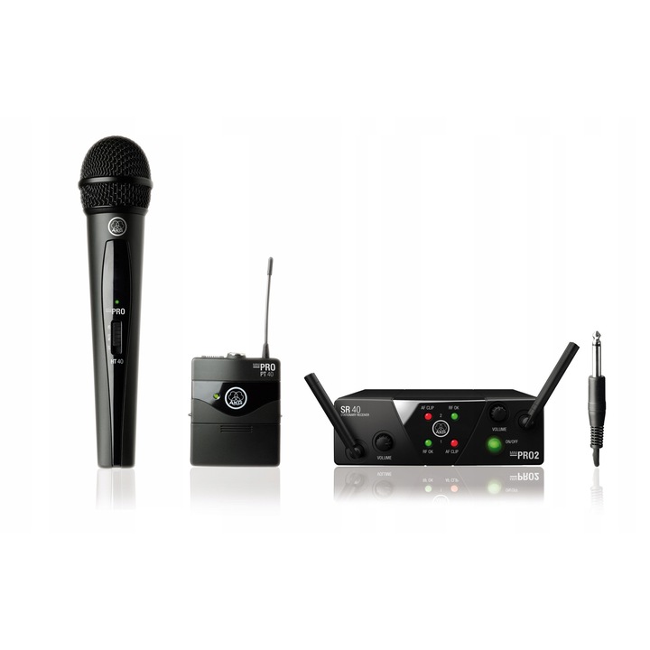 Set microfoane wireless AKG, model WMS-40 Mini 2, microfon dinamic cardioid, transmisie duala, 30h autonomie, negru