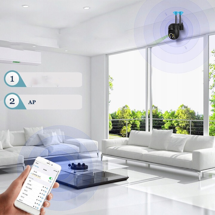 Camera de supraveghere exterioara rotativa, 1080P, detectie miscare, Wi-Fi, panoramica, set complet