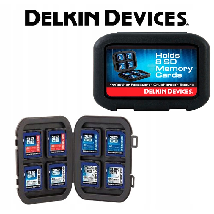 Etui Delkin pentru 8 carduri SD, rezistent la conditii atmosferice, compact, din plastic reciclat