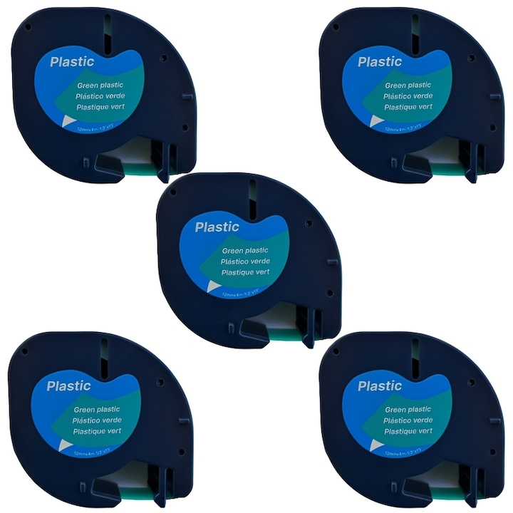 Pachet 5 bucati banda etichete plastic compatibila imprimante Dymo Letratag 91204 12mm negru pe verde