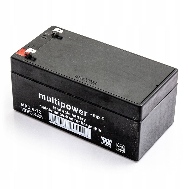 Akkumulátor 12V 3,4Ah AGM, Multipower, méretek 134x67x60,5mm, ipari és orvosi felhasználásra
