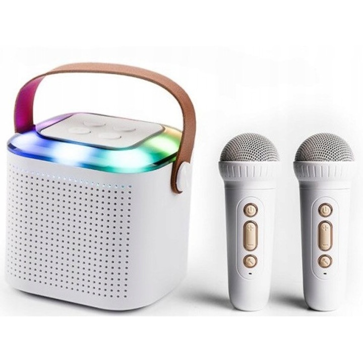 Set karaoke portabil cu 2 microfoane, glosnic Bluetooth, alb