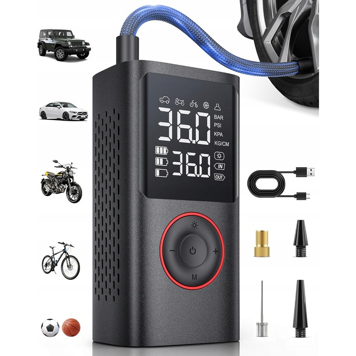 Compresor auto portabil electric, 150 PSI, 4000mAh, 4 moduri preset, dimensiuni 8.9x4.8x13.7cm, set complet