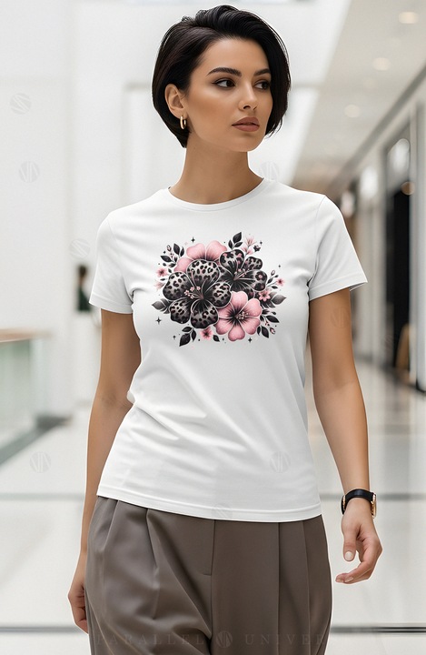 Tricou dama pink flowers, leopard pattern, Alb, S