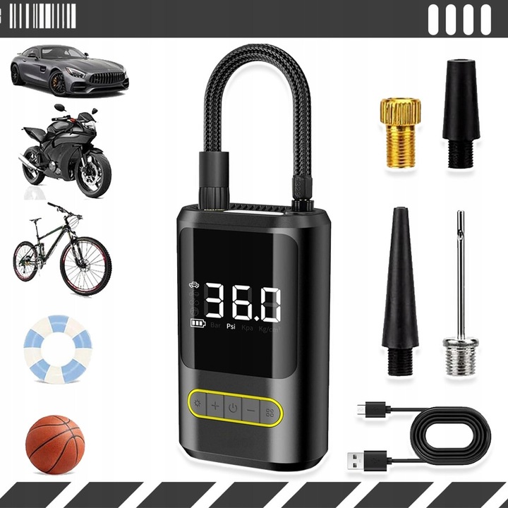 Compresor auto portabil, mini pompa electrica, 150 psi, negru si galben, 13.3x8.5x4.7cm, set complet