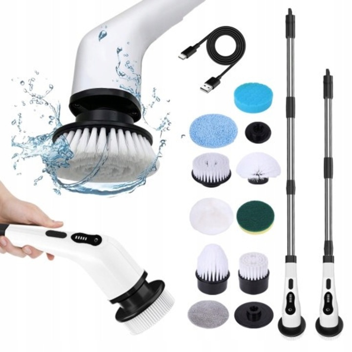 Set de perii electrice rotative pentru curatare, 9 capete interschimbabile, alb, 25W