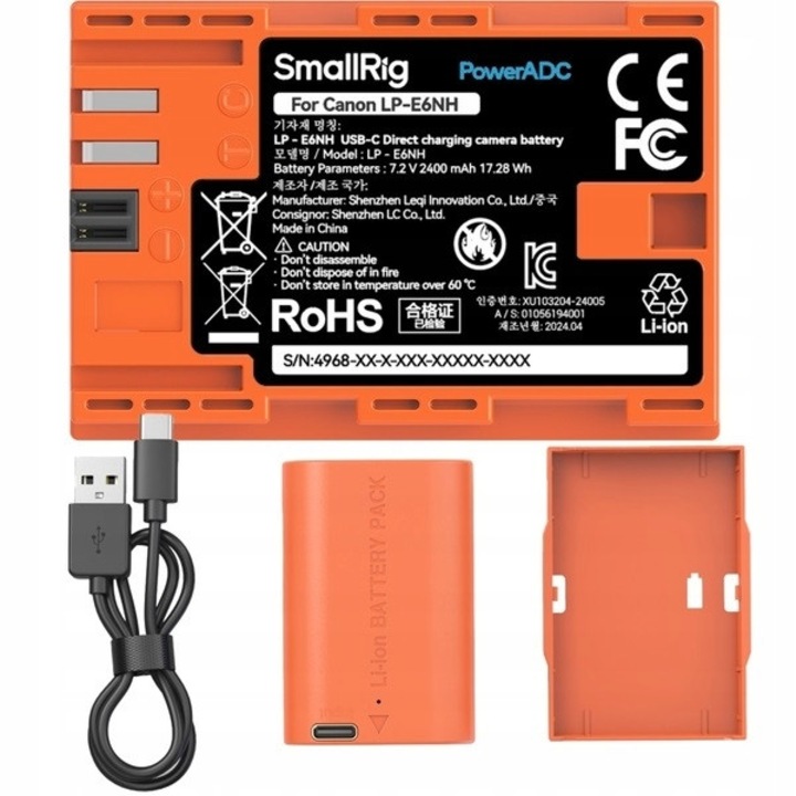 Acumulator pentru camera LP-E6NH, SmallRig, USB-C, 2400 mAh, portabil, portocaliu