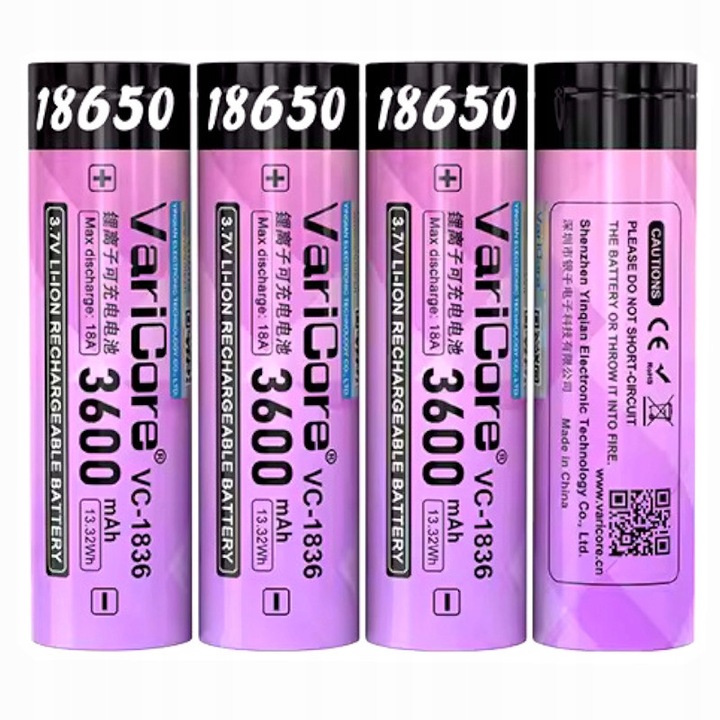 4 db VariCore VC-1836 18650 Li-ion 3.7V 3600mAh akkumulátor készlet