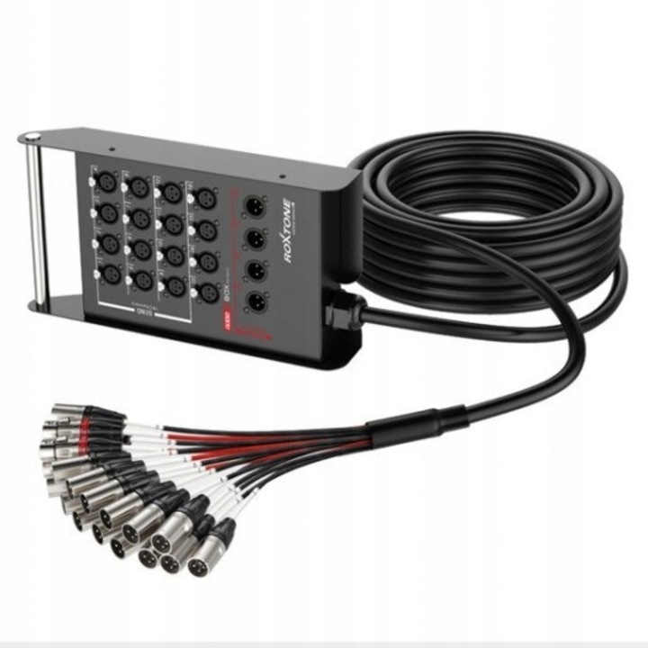 Roxtone STBN1604L25 többpólusú kábel, 16 x XLR aljzat, 4 x XLR dugó, 25m, fekete