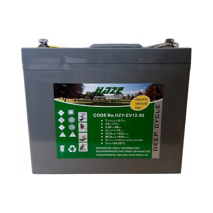 Haze HZY EV12-65 12V 75Ah akkumulátor, méretei 279x175x190mm, álló és indító használatra