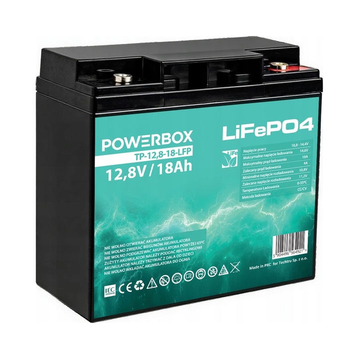 LiFePO4 akkumulátor 12V 18Ah BMS-sel UPS-hez, kempingezéshez, hajóhoz, quadhoz, 181x77x170mm, 1.8kg