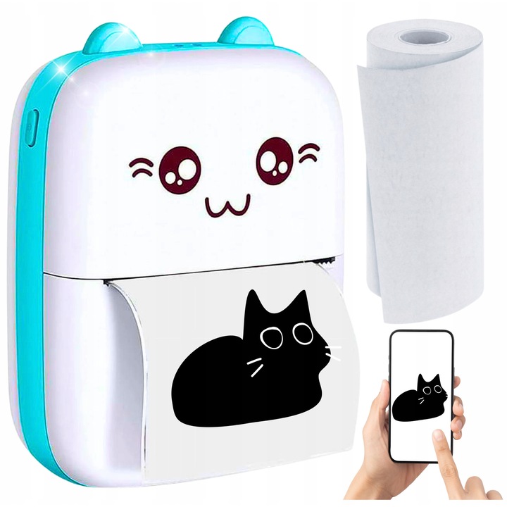 Мини преносим термопринтер, розов, Bluetooth, 10,5x8x4см, комплект с една ролка