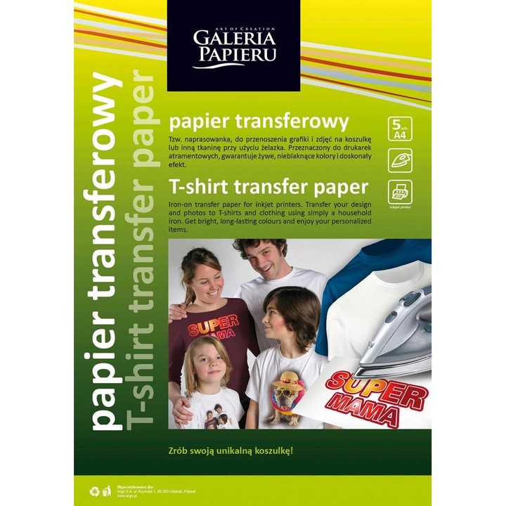 Hartie de transfer A4, 5 foi, pentru imprimare pe tesaturi inchise la culoare, 140g/m2