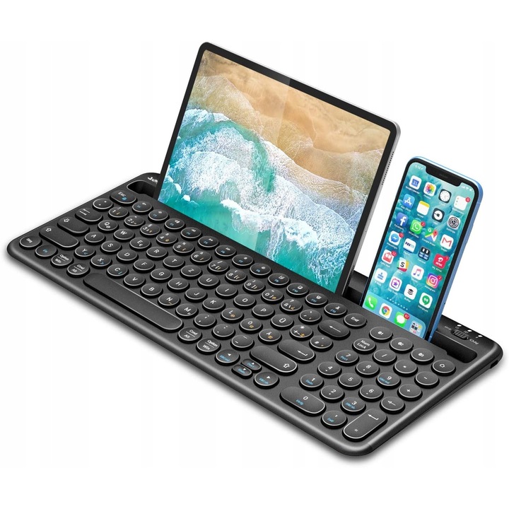 Tastatura wireless Bluetooth Seenda, QWERTZ germana, neagra, cu suport pentru telefon, 27,4x1,3cm
