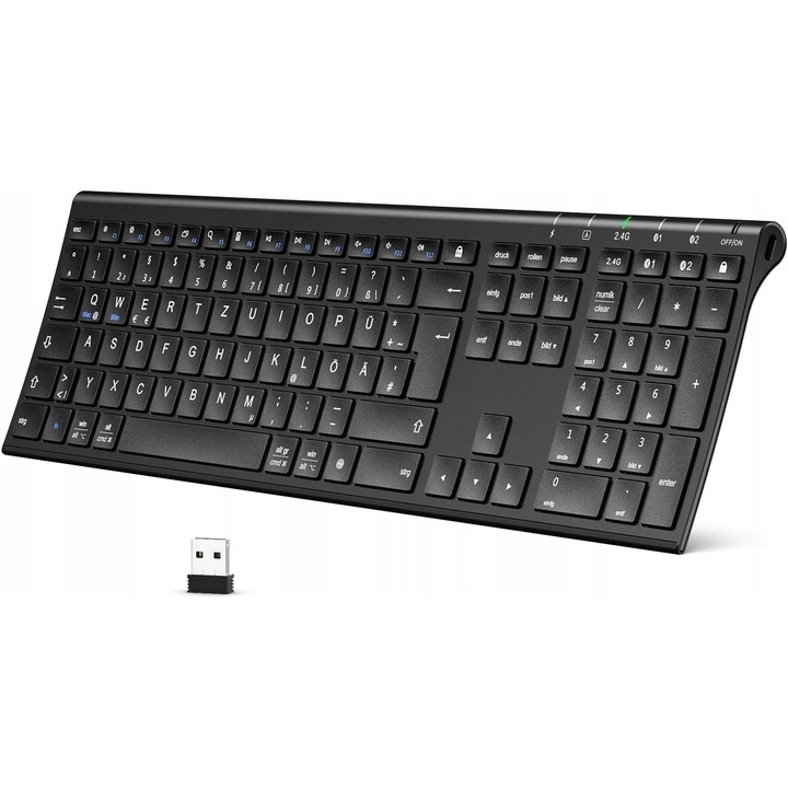 Tastatura wireless Bluetooth 2.4G, iClever, QWERTZ germana, neagra, set complet