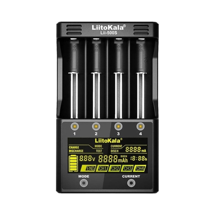 Incarcator universal pentru baterii LiitoKala Lii-500S, 4 canale, 12V, set cu incarcator auto si adaptor de retea