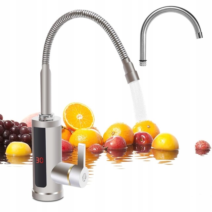 Електрически кран за вода, 3000W, с LED дисплей, температура 30-60°C, сребрист цвят, комплект с 2 изпускателни тръби