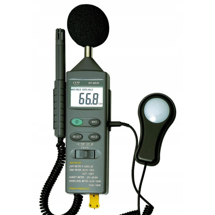 Multimetru CEM DT-8820, 4 in 1, termohigrometru, masurare iluminare, set complet