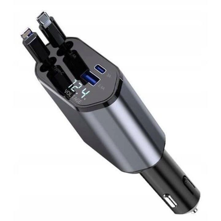 Incarcator auto 4 in 1 Rampow, 2 x USB-C, 1 x Lightning, 120W, 139x65x34,5mm, cabluri retractabile