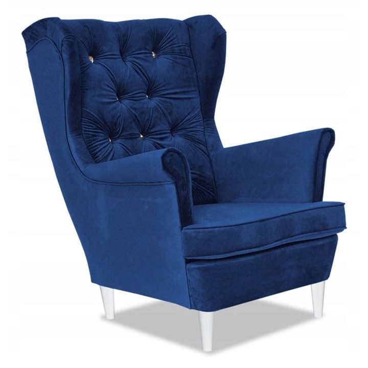 GAJA füles fotel, skandináv stílusú, indigókék (bársony), 104x84x92cm, háttámlával és levehető párnákkal
