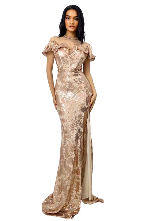 Rochie de seara Velary, croiala sirena cu linie couture si paiete, Auriu
