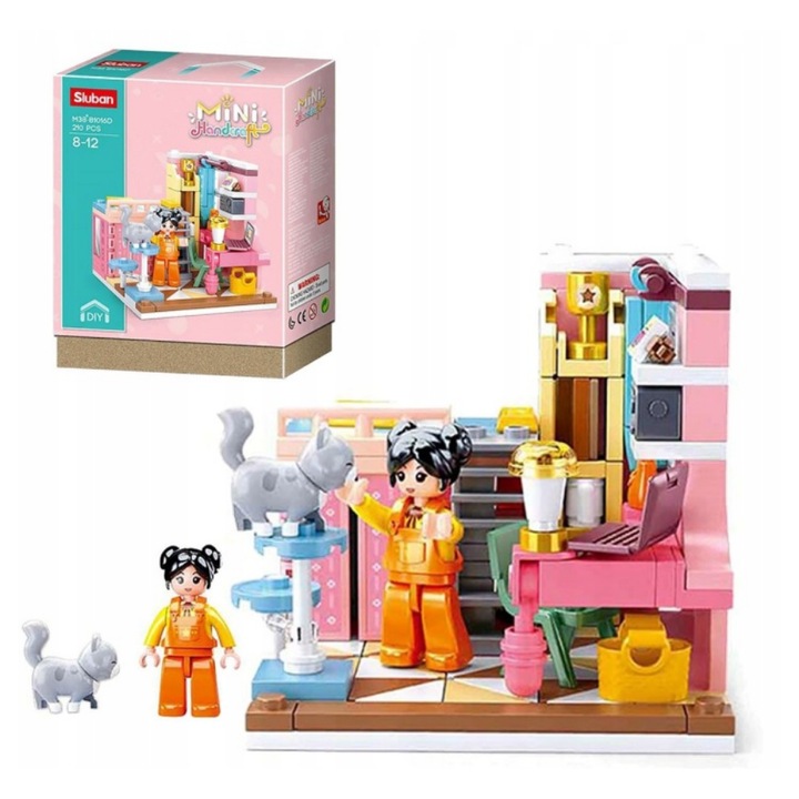 Set de constructie Sluban Mini Handcraft Pokoik Kotek, 210 elemente, tematica camera, pisica