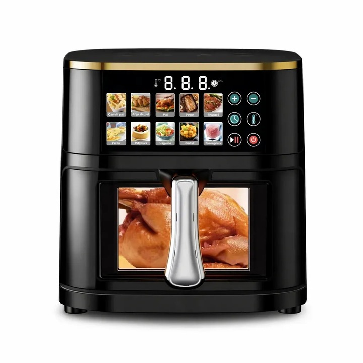 Friteuza cu Aer Cald, 2800W, Capacitate 10L, Panou Digital, 10 Programe Presetate, Reglare Temperatura si Timp, Gatire fara Ulei, Include 100 Foi de Copt, Culoare Negru