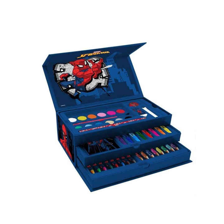 Set acuarele Diakakis Spiderman, 1x bloc de desen, 1x pensula, 2x gume, 1x burete, 26x13,5x6 cm