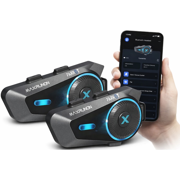 Sistem de Comunicare Intercom FARROY PRO Moto 2 Bucati MESH Bluetooth 5.4, 1600m, ANC 120 km/h, 4 Persoane, Radio FM, Casca Moto, IPX, App