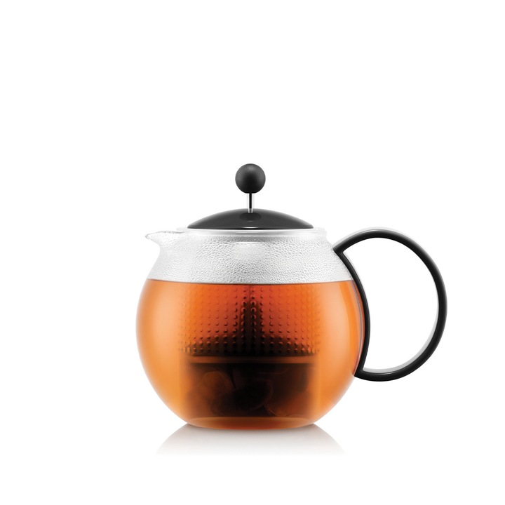 Bodum Assam teáskanna 1L, boroszilikát üveg, fekete, French Press rendszer