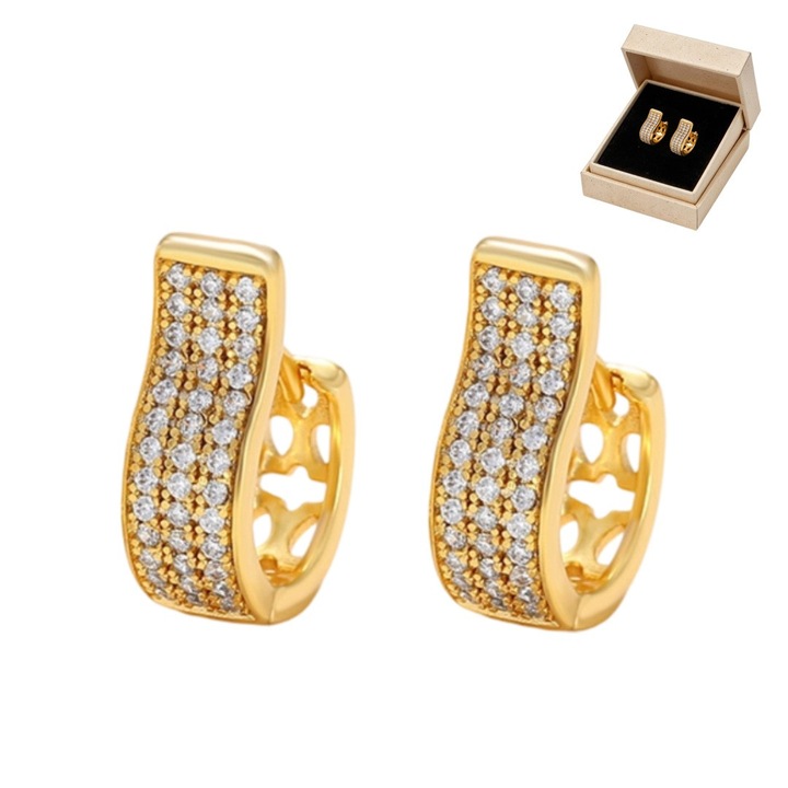 Cercei dama tip cleste hipoalergenici, pin argint 925, placati aur cu zirconiu cubic plin, 1*1cm, auriu mat, cutie cadou inclusa