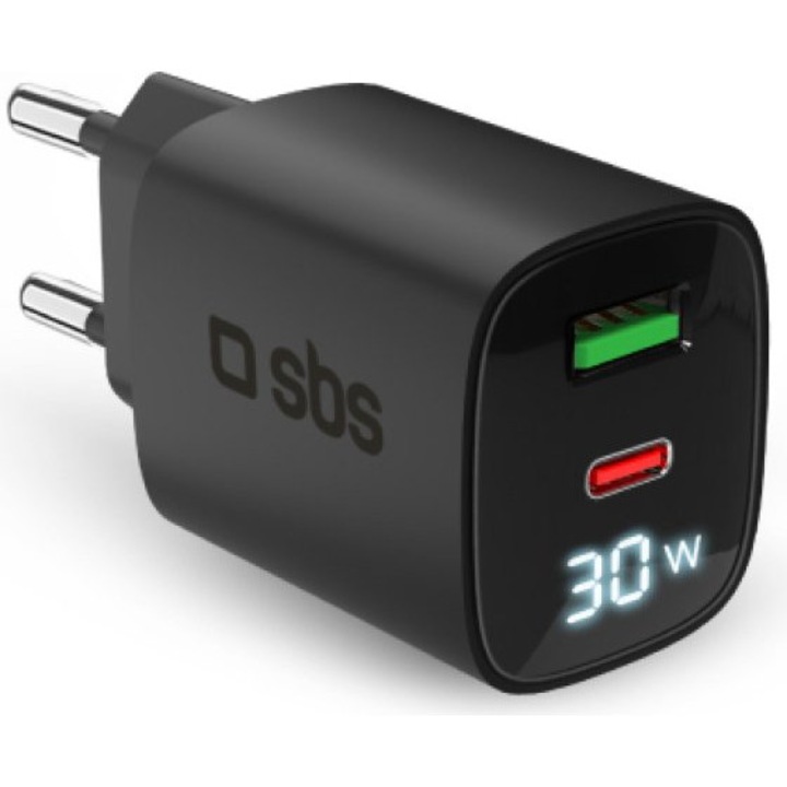 Incarcator de perete Power Control 30W, 2 iesiri, USB-C si USB-A, negru
