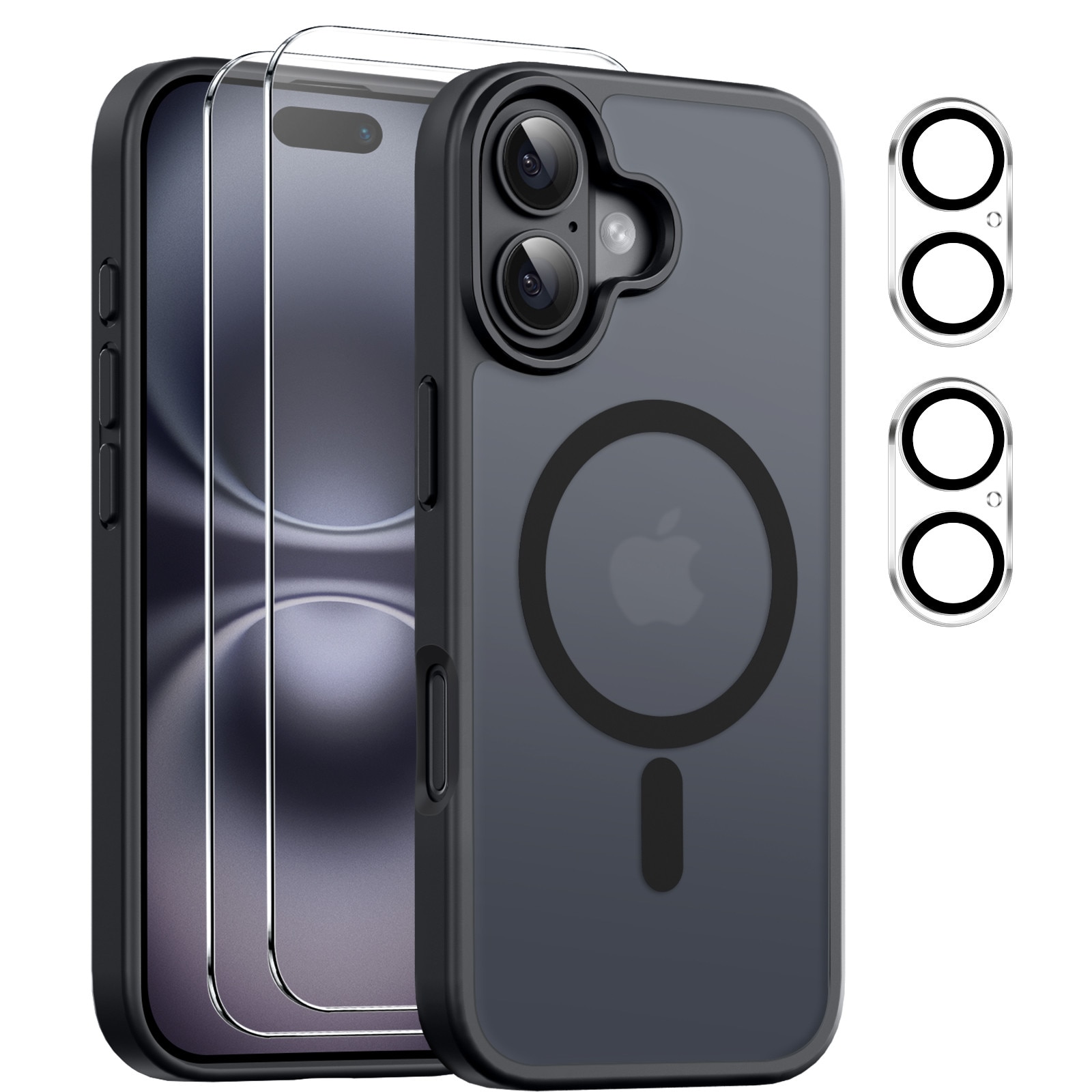 Husa compatibila cu iPhone 16, 2 protectii din sticla securizata si 2 protectii pentru camera, TPU, MagSafe, Negru