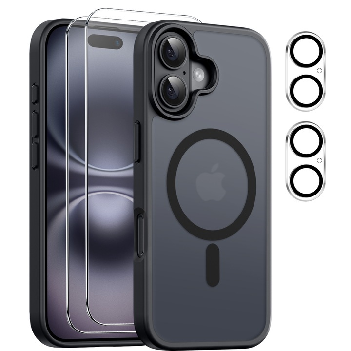 Husa compatibila cu iPhone 16, 2 protectii din sticla securizata si 2 protectii pentru camera, TPU, MagSafe, Negru