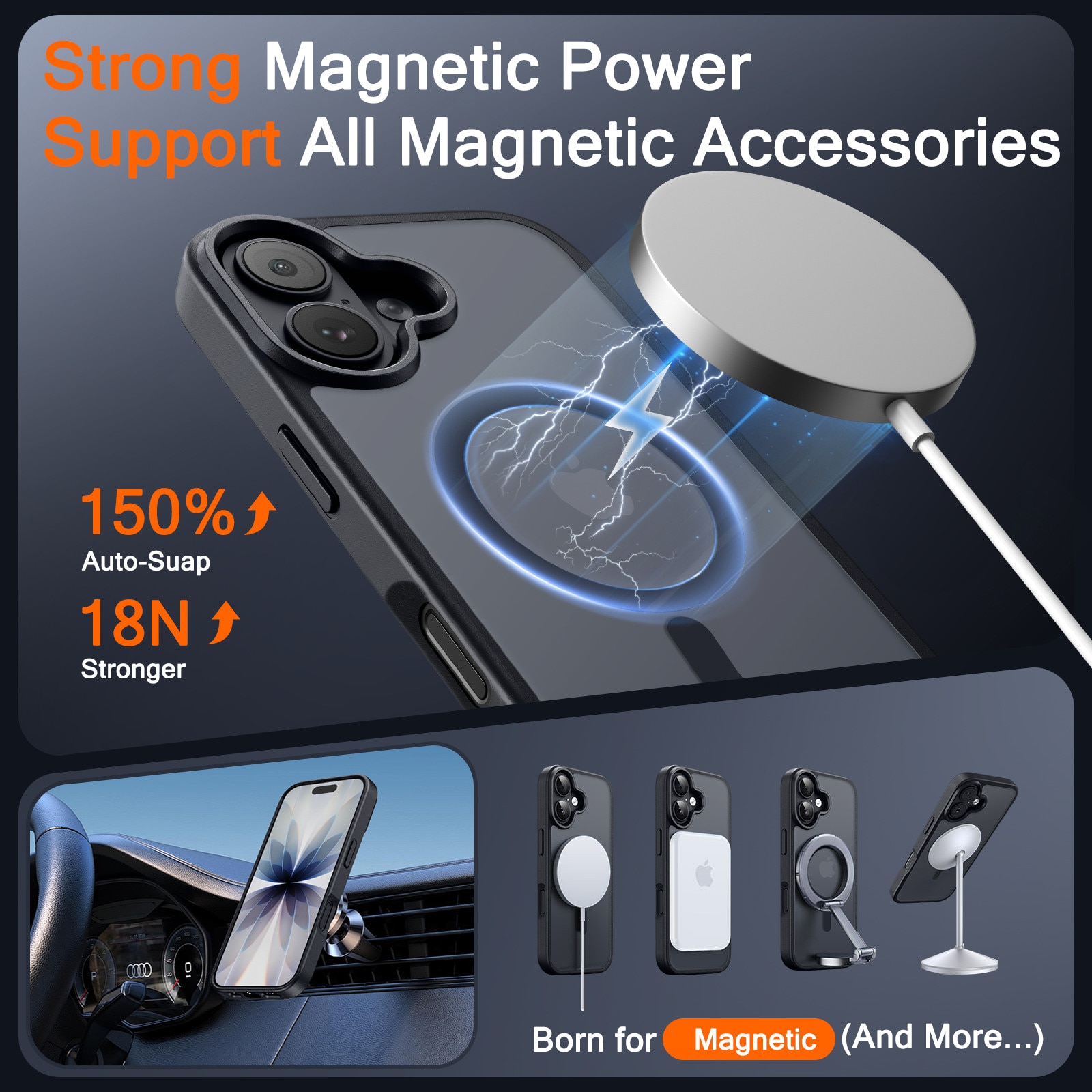 Husa compatibila cu iPhone 16, 2 protectii din sticla securizata si 2 protectii pentru camera, TPU, MagSafe, Negru