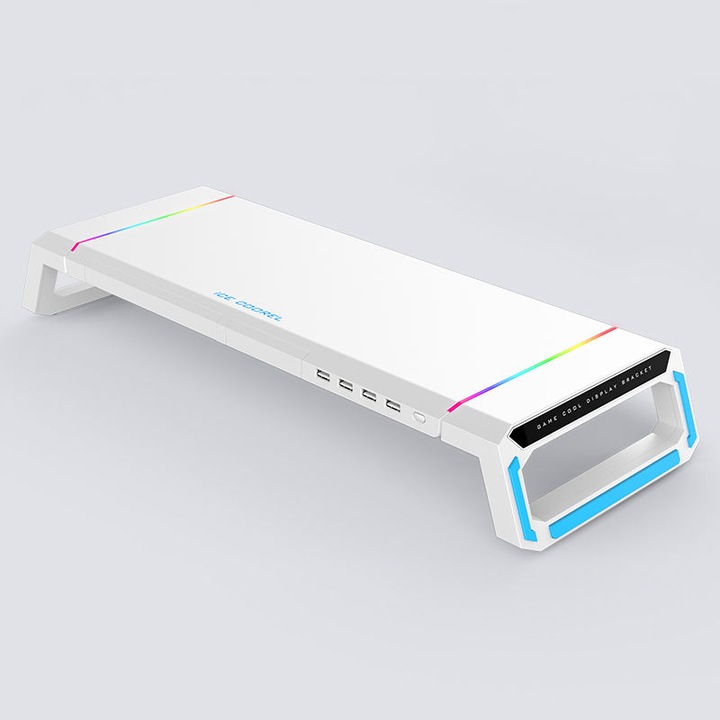 Suport multifunctional pentru monitor si laptop, Ice Coorel, 19 inch, RGB 9 moduri, hub USB 4 porturi, suport telefon, pliabil si reglabil, alb