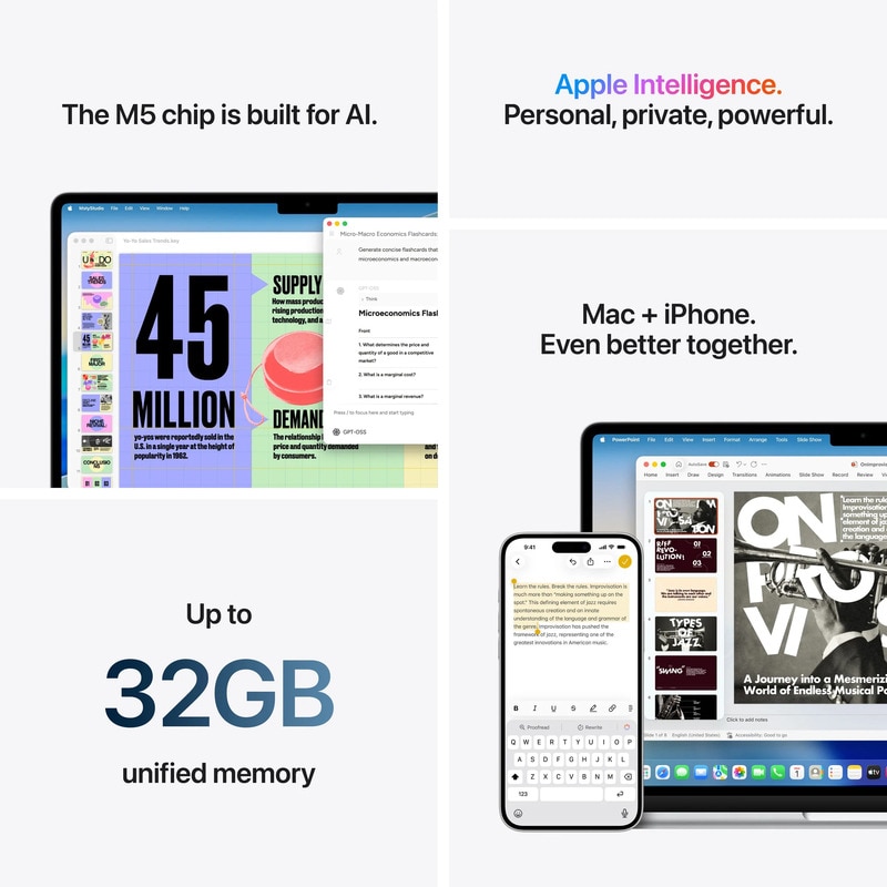 Laptop Apple MacBook Air 13, Procesor Apple M5 chip 10-core CPU, 10-core GPU, 13.6" WQXGA, 32GB, 2TB, layout INT, Mac OS Albastru deschis