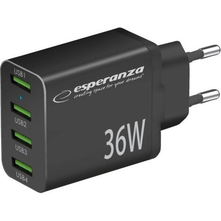 Incarcator telefon Esperanza 36W, 4 porturi USB, negru, cu protectie la supratensiune
