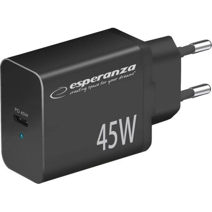 Incarcator telefon Esperanza 45W, negru, cu tehnologie de incarcare rapida Power Delivery, 1 port USB Type-C