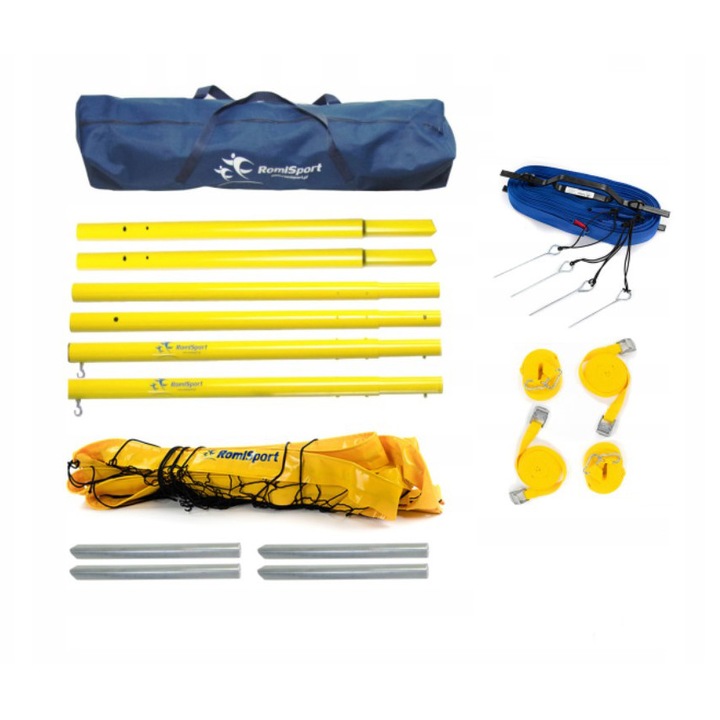 RomiSport sport hálószett, acél oszlopok, 8,5m PVC háló, sárga